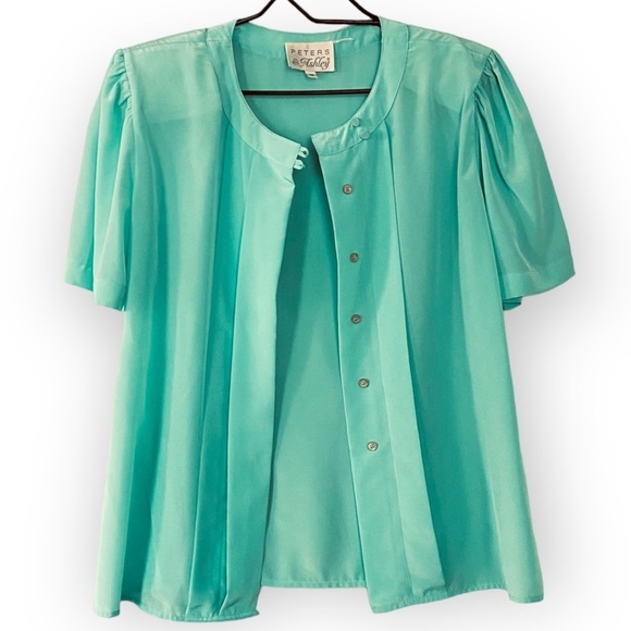 Peters & Ashley Aqua Blue Vintage Blouse Size 12 Short Sleeves Shoulder Pads - Picture 2 of 11